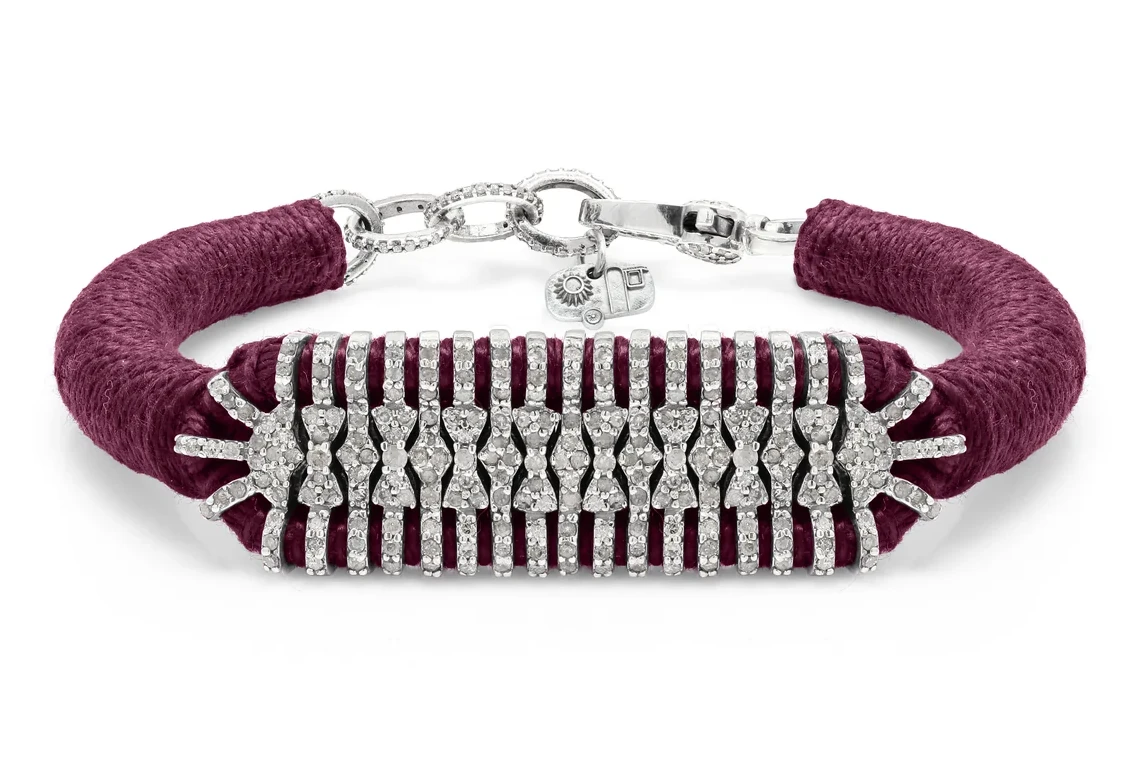 Claret Velvet Slim Stacker: cool burgundy thread wrapped around a silver bar set with natural diamonds, with a diamond-set chain clasp