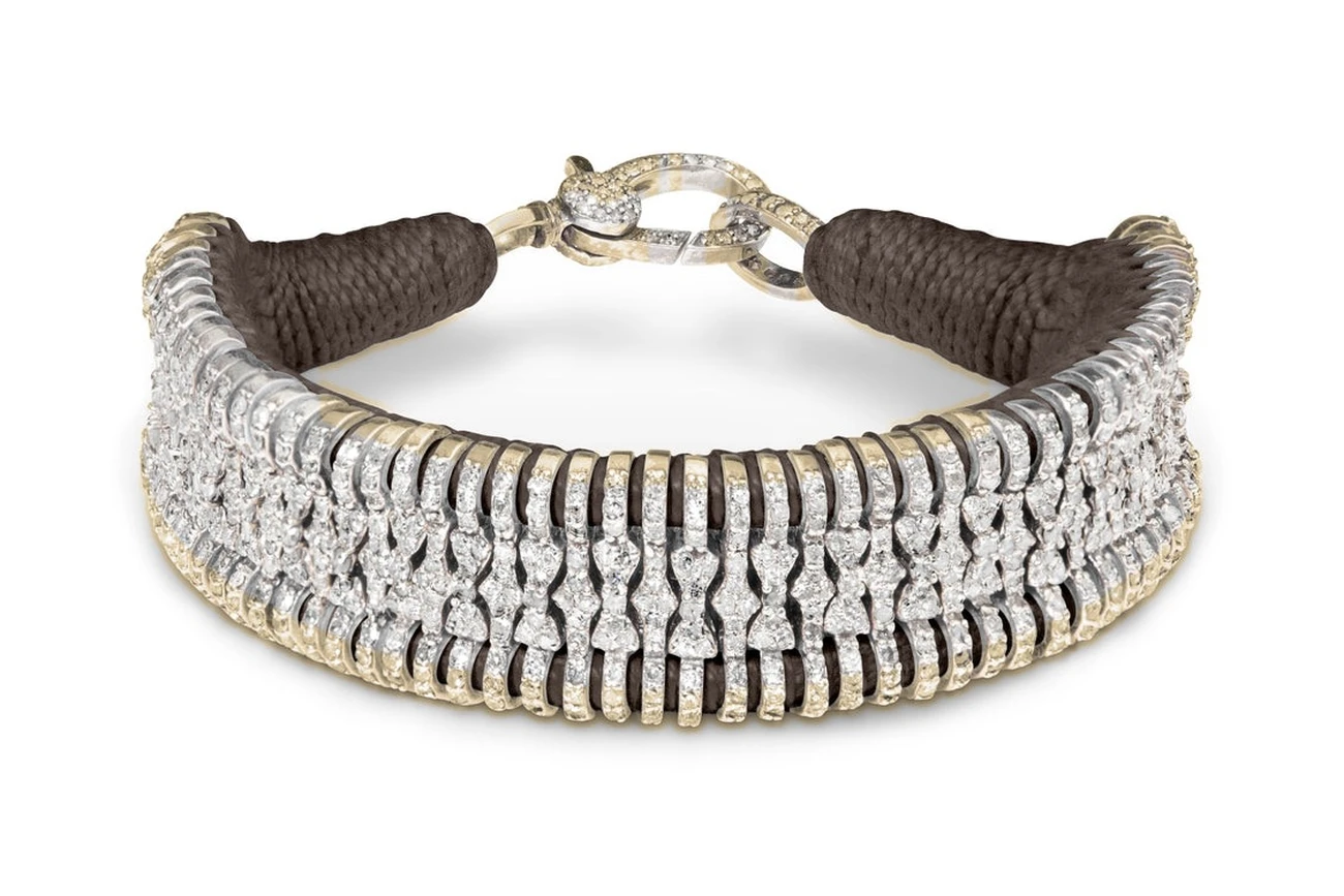 Espresso Gold Stacker: espresso brown thread wrapped around wide gold bands set with rows of natural diamonds, with a pavé diamond clasp